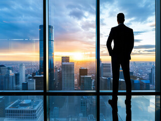 Fototapeta na wymiar businessman standing on the windowsill and looking at the city at sunset