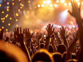 Fototapeta na wymiar Crowd at a concert, hands raised in front of a stage
