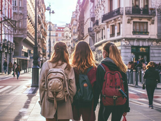 Three young women with backpacks are walking along the street of the city.