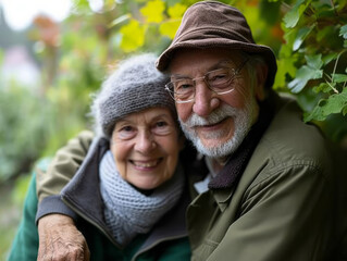 Portrait of happy senior couple in the garden. Selective focus.