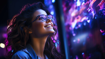 Fototapeta premium Close-up portrait of a young girl wearing glasses in neon light. Cyber background. Generative AI