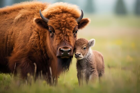 A baby bison nuzzling its parent in a vast grassy plain.