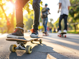 Fototapeta premium Skateboarder riding on skateboard in the park, extreme sport