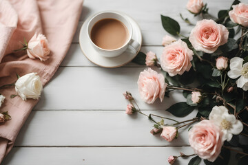 A cup of coffee in a romantic concept prepared with roses