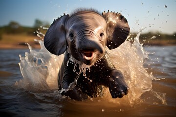 A baby elephant splashing happily in a watering hole.