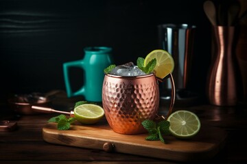 Classic cocktail in copper mug with lime, ginger beer, vodka, and mint. Vibrant blue table, copper bar tools. Generative AI