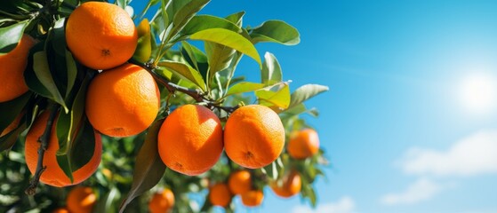 Ripe tangerines on the tree in the rays of the bright blue sky, A branch with natural oranges on a blurred background of an orange orchard