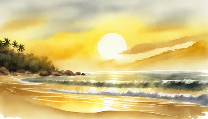  Watercolor Art Painting: Serene Beach Sunset Gently in Evening © Mangata Imagine