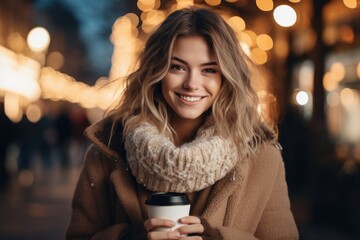 Beautiful young woman with a glass of coffee in her hands in winter under bokeh lights