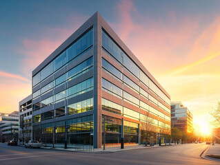 Modern office building with glass facade at sunset. Business and industrial concept. - obrazy, fototapety, plakaty
