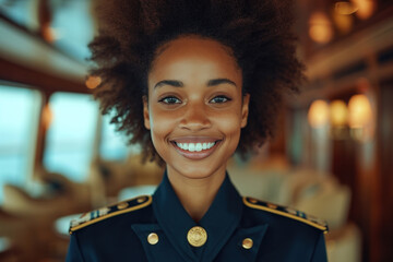 Afro woman wearing cruise ship staff uniform, boat service crew - obrazy, fototapety, plakaty