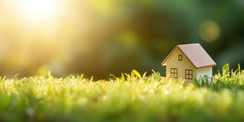 Cardboard house on nature background, recycling sign
