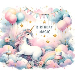Unicorn Elegance in Soft Pastels Birthday theme, with cake, balloons, flowers, and  a White  Background