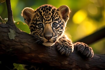 A baby jaguar resting under the shade of a tree in a tropical forest. - obrazy, fototapety, plakaty