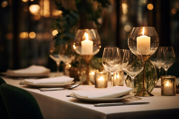 Elegant table setting with beautiful flowers and candles in restaurant