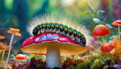 fly mushroom in autumn.a visually mesmerizing artwork featuring a hyper-realistic and fuzzy cute caterpillar perched on a psychedelic mushroom. Pay close attention to details, ensuring the vibrant col - obrazy, fototapety, plakaty