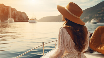 Beautiful young woman in hat and white dress relaxing on luxury yacht. Traveling and yachting concept. - Powered by Adobe