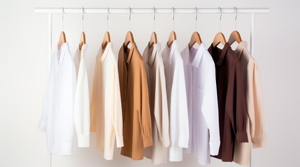 Minimal fashion clothes concept. Female blouses hanging on wooden hangers against a plain background. Maroon, white, and beige colors.