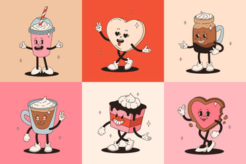 Valentine's Day set of vintage characters. Happy and cheerful retro. Old animation 50s, 60s 70s, groovy cartoon characters of coffee and sweets, donut, cupcake, espresso, latte, cocoa, cake. present.