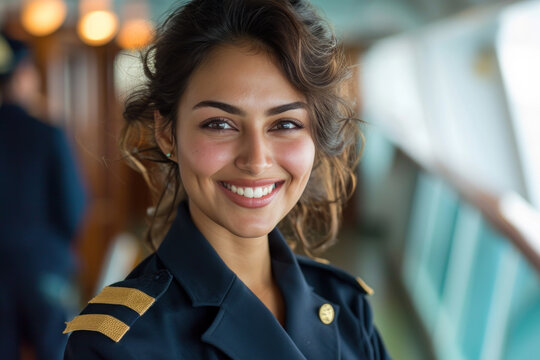 Indian woman wearing cruise ship staff uniform, boat service crew