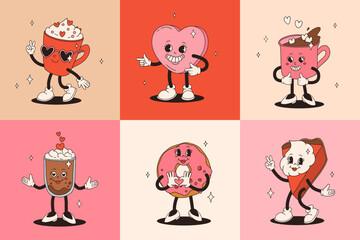 Valentine's Day set of vintage characters. Happy and cheerful retro. Old animation 50s, 60s 70s, groovy cartoon characters of coffee and sweets, donut, cupcake, espresso, latte, cocoa, cake. present.