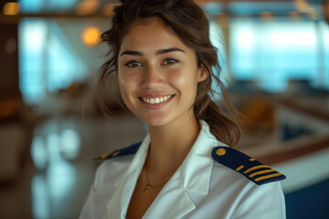 Hispanic woman wearing cruise ship staff uniform, boat service crew - obrazy, fototapety, plakaty