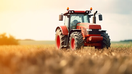 Fototapeta premium Tractor against the background of a sowing field. Agricultural machinery.