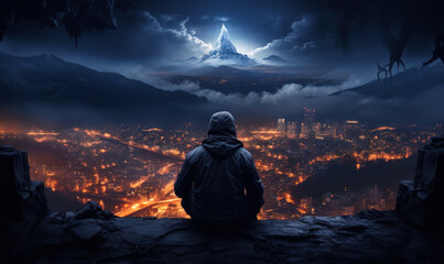 Solitary figure sitting on a mountain overlook against a backdrop of a night sky and snowy peak, overlooking the city lights below