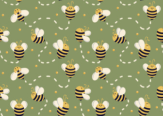 Bees move in different directions on green background with honey droplets and lines of movement. Seamless bee pattern for kids. Summer pattern for fabrics, bed linen, decor