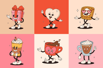 Valentine's Day set of vintage characters. Happy and cheerful retro. Old animation 50s, 60s 70s, groovy cartoon characters of coffee and sweets, donut, cupcake, espresso, latte, cocoa, cake. present.