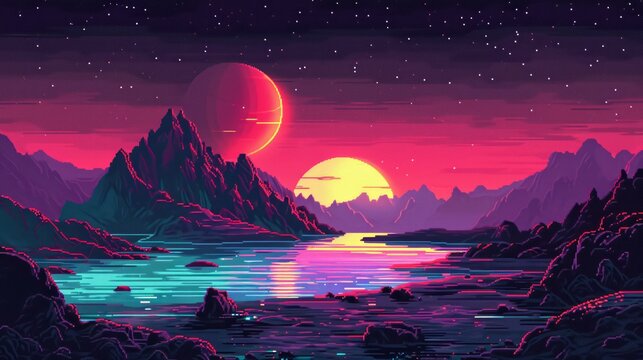 Futuristic background. Sci-fi background. Dynamic composition. 8 bit 16 bit style art. for games