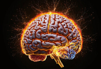 Human brain with burning brain on black background, 3D illustration.