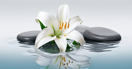 White lily on zen stones with reflection in water, spa concept