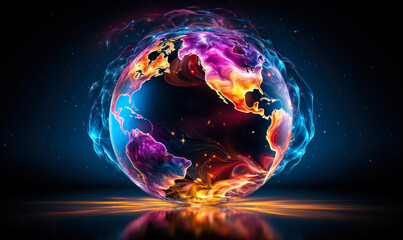 Vibrant and colorful illustration of the Earth with a glowing, neon-like effect, symbolizing global connectivity, digital innovation, and creative representation of technology - obrazy, fototapety, plakaty