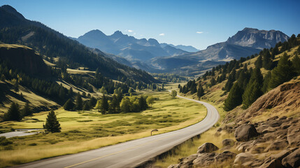Fototapeta premium mountain road in the mountains, Asphalt Road Between Rocky Mountains with Green Trees