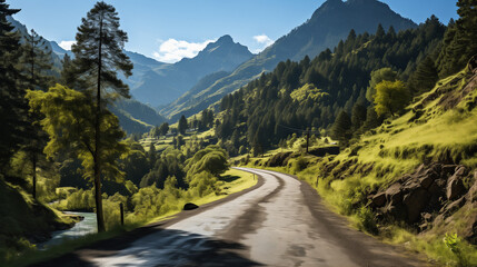 mountain road in the mountains, Asphalt Road Between Rocky Mountains with Green Trees - obrazy, fototapety, plakaty