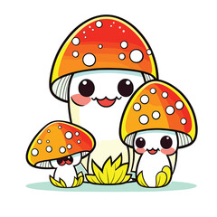 Poisonous happy mushrooms drawn by hand, family of inedible mushrooms white background Vector illustration. Generative AI