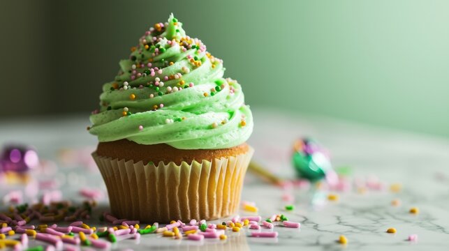 Delicious Green Frosted Cupcake with Colorful Sprinkles