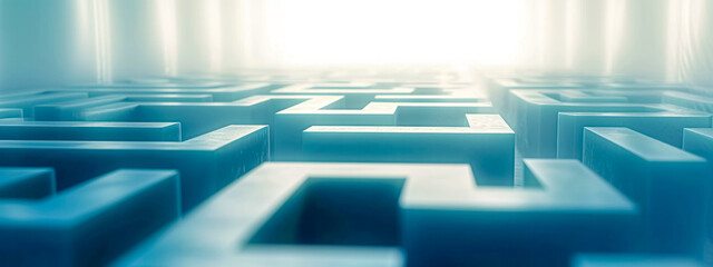 Blue maze with a soft focus and bright light suggesting solution and success - obrazy, fototapety, plakaty