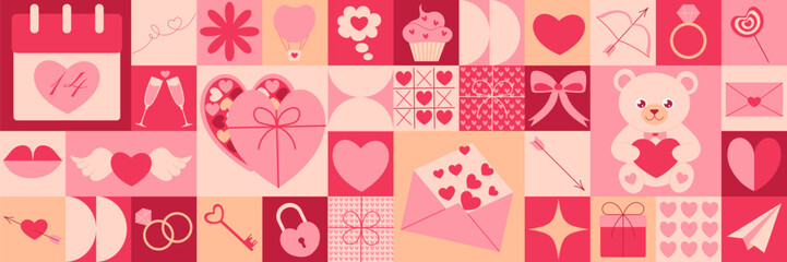 Geometric pattern with Valentine’s Day icons. Bauhaus style. Vector flat design for poster, card, wallpaper, poster, banner, packaging. Heart, bear, love, gift, ribbon bow