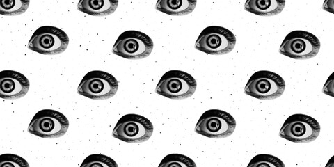 Trendy seamless pattern. Halftone collage eyes and noice texture. Old style background.