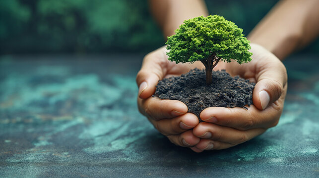 Earth Day Care: Hands holding and protecting a growing tree.