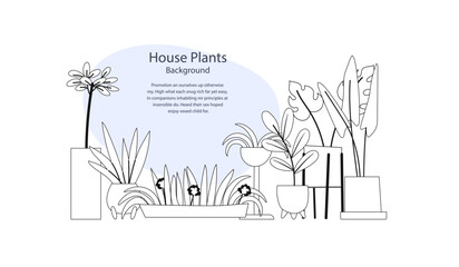 Cozy interior or flower shop illustration of outline houseplants. Template with a space for your text.
