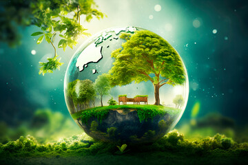 Green ecosystem in transparent globe Ecological concept of conservation nature and earth resources International Earth Day