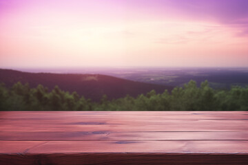 Polished Rosewood Table Top with Breathtaking Hilltop Sunset View - Ideal for Showcasing Outdoor Products or Romantic Dining Concepts