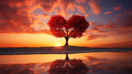 Tree of love. Romantic heart shape tree on sunset sky - Powered by Adobe