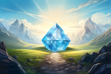 illustration of a huge blue crystal in a mountain valley. Created with Generative AI