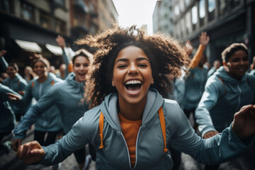 A dynamic shot of young individuals participating in a city-wide sports event, showcasing the active and health-conscious lifestyle of modern youth. - obrazy, fototapety, plakaty