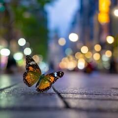Fototapeta na wymiar the enchanting beauty of a colorful butterfly resting on a busy city sidewalk at night. Utilize macro photography with a shallow depth of field to highlight the vivid hues of the butterfly against the