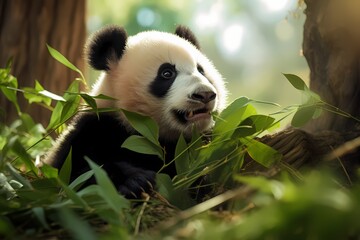 A baby panda munching on bamboo shoots amidst a bamboo forest.
